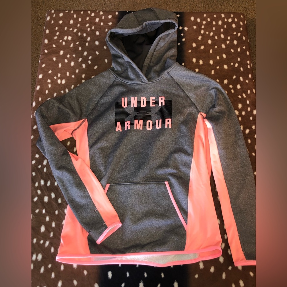 Grey and peach workout hoodie with pockets and thumb holes